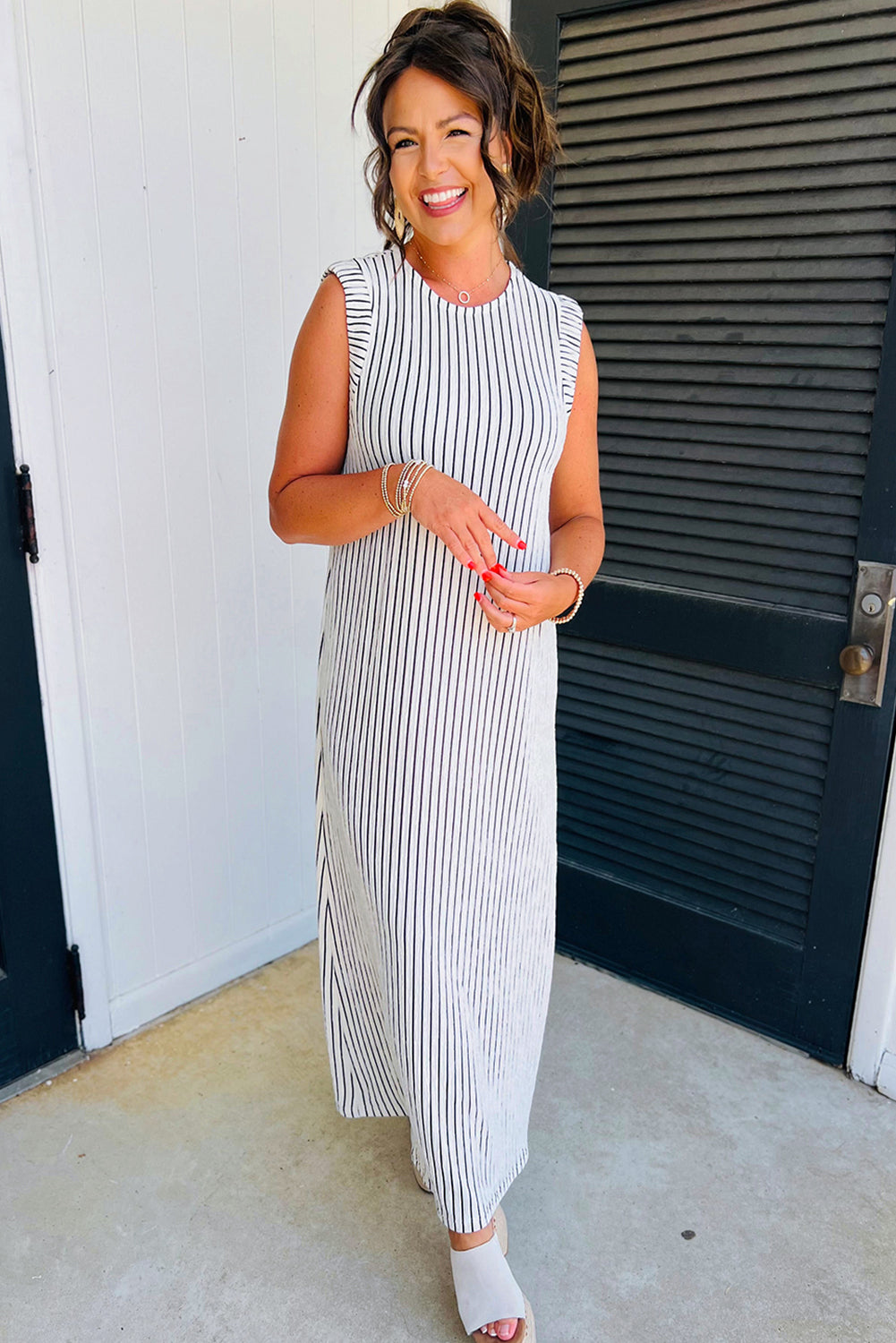 Black White Striped Vest Shift Maxi Dress Maxi Dresses JT's Designer Fashion