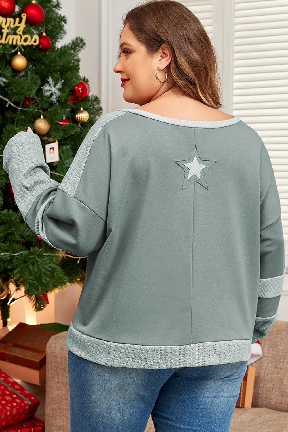 Plus Size Star Round Neck Long Sleeve Top Long Sleeve Tops JT's Designer Fashion