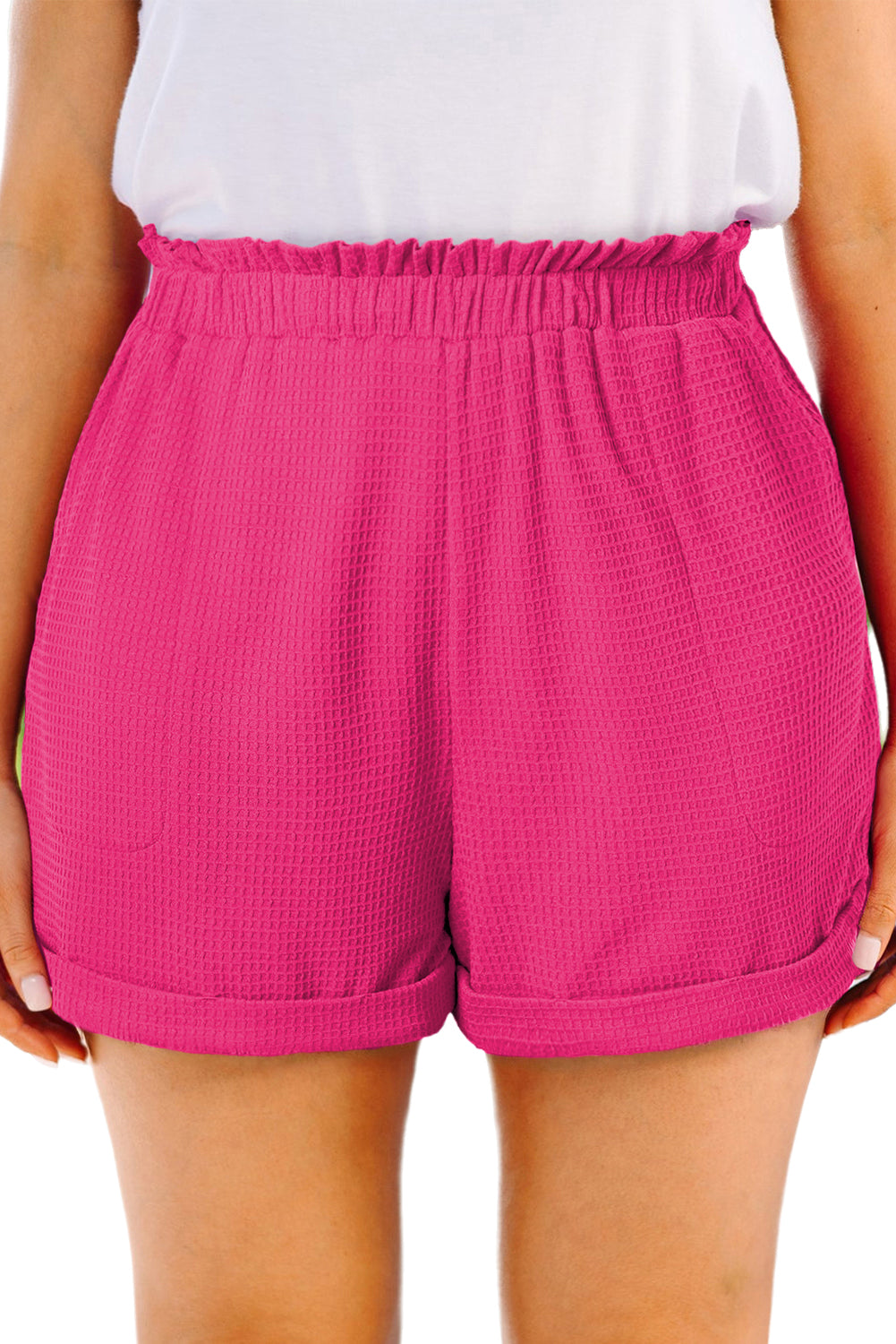 Bright Pink Plus Size Rolled Edge Ruffled Elastic Waist Textured Shorts Plus Size JT's Designer Fashion