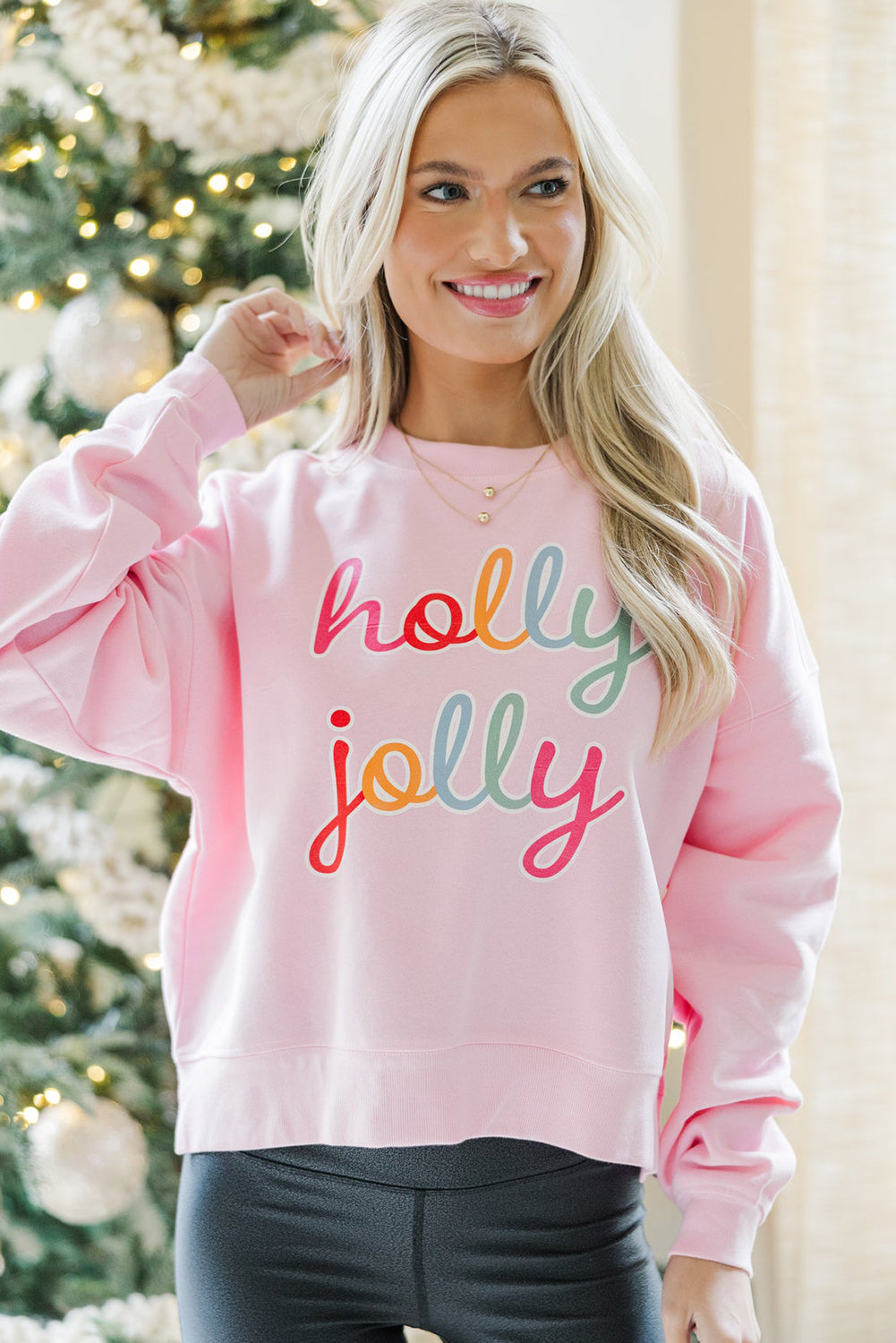 Pink holly jolly Printed Round Neck Christmas Sweatshirt Graphic Sweatshirts JT's Designer Fashion