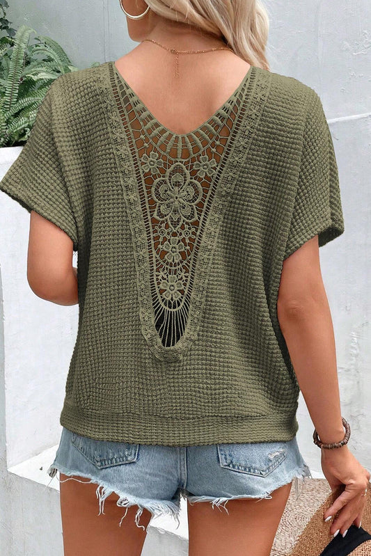 Moss Green Guipure Lace Patch Textured T-shirt Tops & Tees JT's Designer Fashion