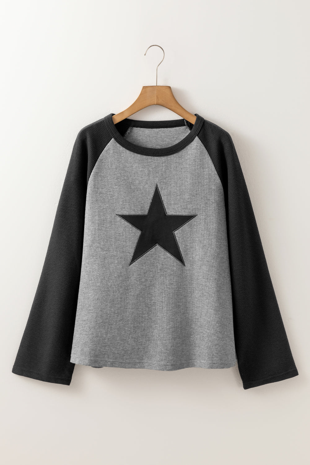 High Waffle Knit Colorblock Star Patch Graphic Raglan Top Long Sleeve Tops JT's Designer Fashion