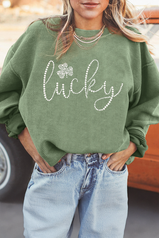 Grass Green Rhinestone lucky Clover Graphic Ribbed St Patrick Sweatshirt Graphic Sweatshirts JT's Designer Fashion