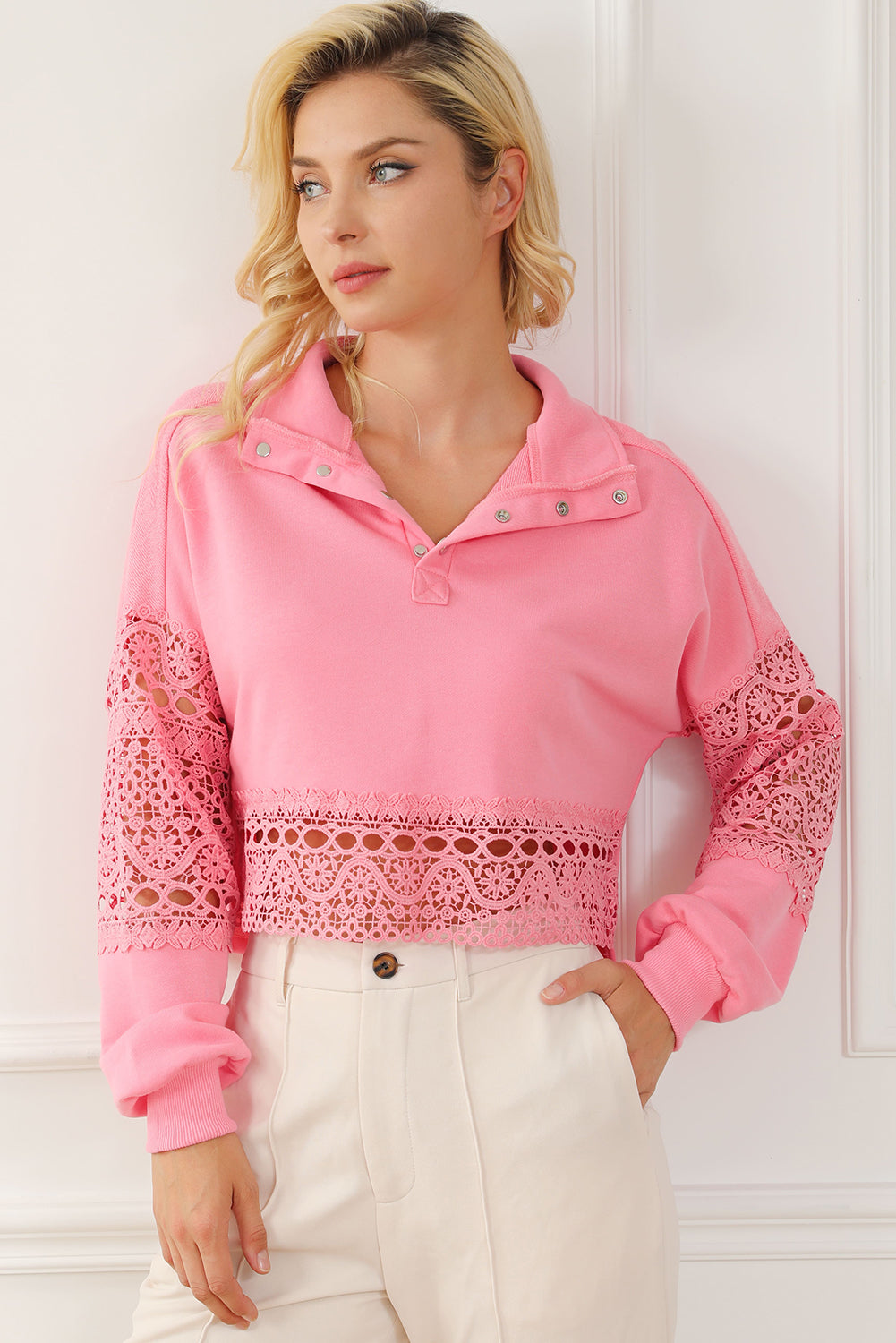 Pink Hollowed Lace Splicing Cropped Sweatshirt Sweatshirts & Hoodies JT's Designer Fashion