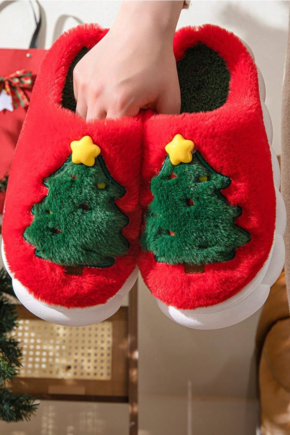 Fiery Red Christmas Tree Graphic Thick Sole Plush Slippers Slippers JT's Designer Fashion