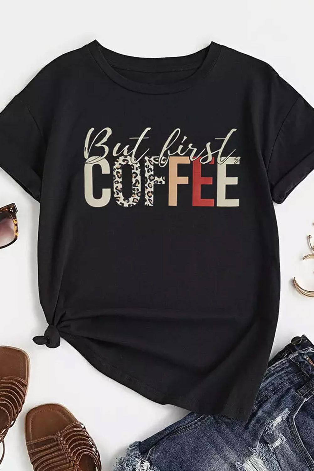 Black But First Coffee Leopard Print Crew Neck T Shirt Graphic Tees JT's Designer Fashion