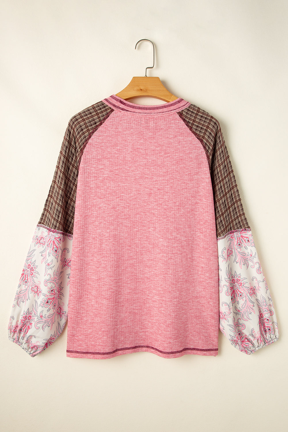 Fushia Mixed Print Patchwork Raglan Ribbed Knit Top Long Sleeve Tops JT's Designer Fashion