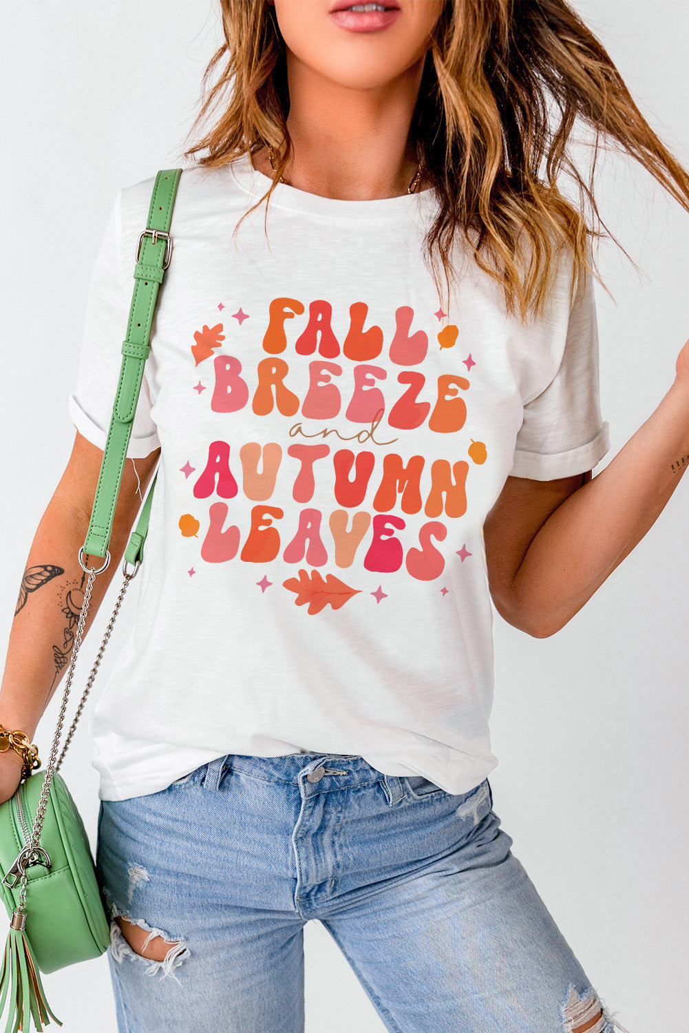 White FALL BREEZE and AUTUMN LEAVES Graphic Tee Graphic Tees JT's Designer Fashion