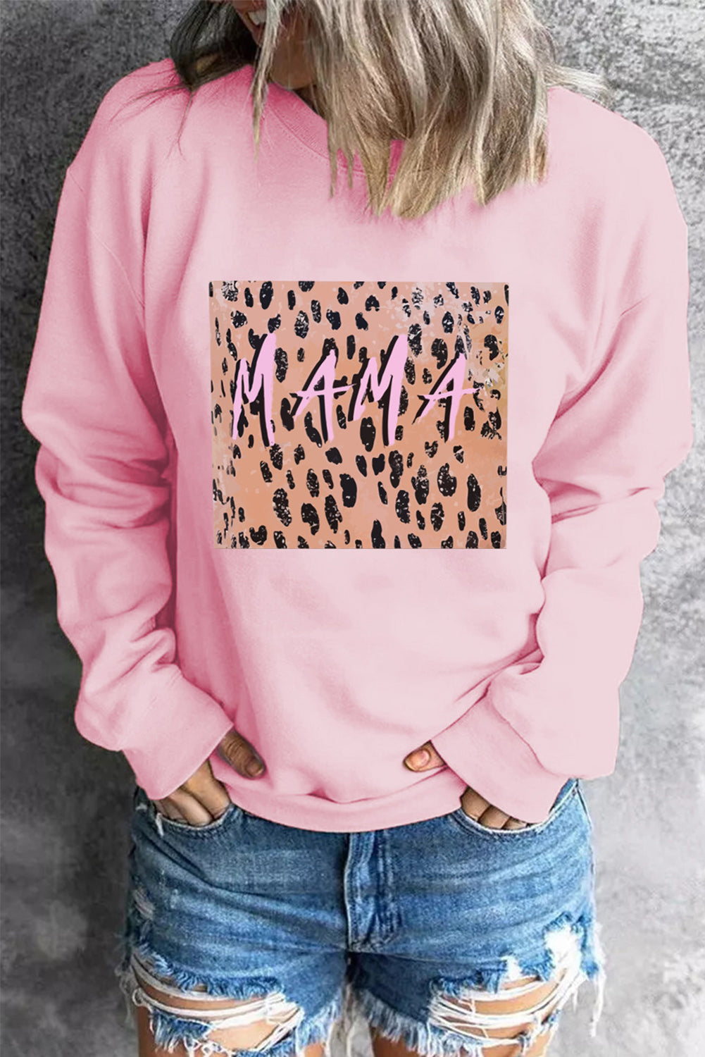 Pink MAMA Leopard Color Block Drop Sleeve Pullover Sweatshirt Graphic Sweatshirts JT's Designer Fashion