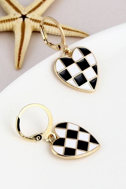 Black Checkered Heart Shape Hoop Dangle Earrings Jewelry JT's Designer Fashion