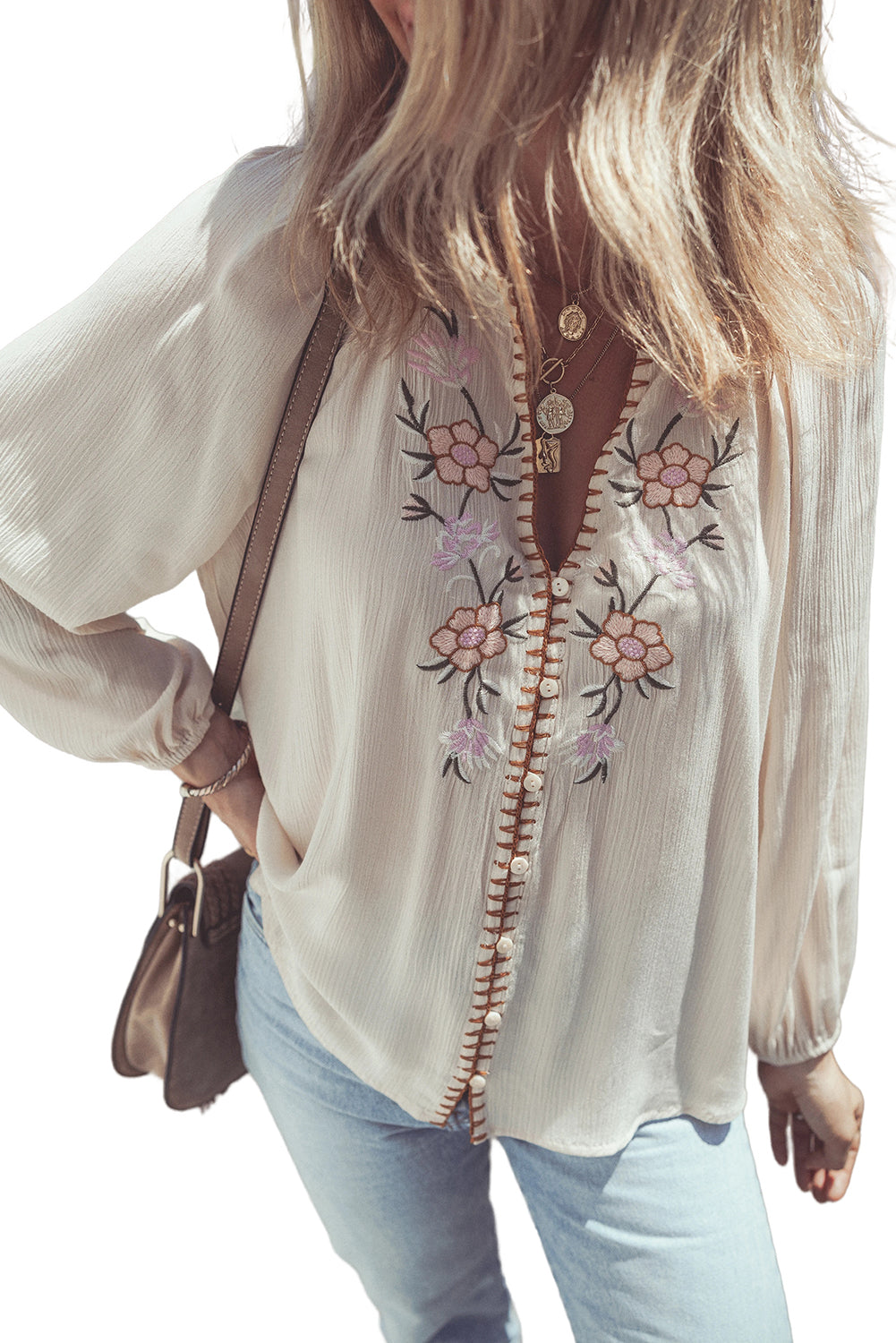 Beige Floral Embroidered Textured Puff Sleeve Loose Shirt Blouses & Shirts JT's Designer Fashion