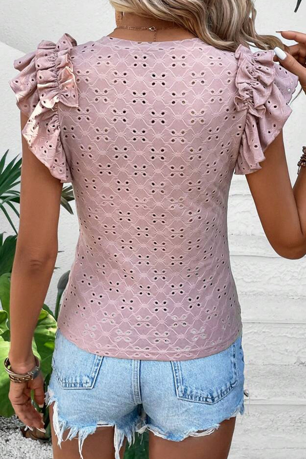 Pink Ruffle Trim Sleeve Eyelet Embroidery Top Tops & Tees JT's Designer Fashion