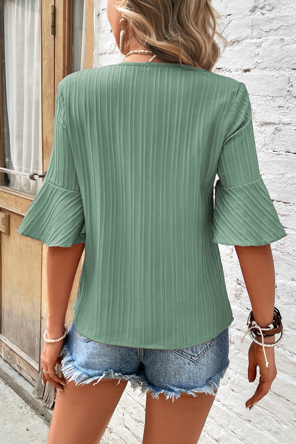 Grass Green Ruffled Half Sleeve V Neck Textured Top Pre Order Tops JT's Designer Fashion