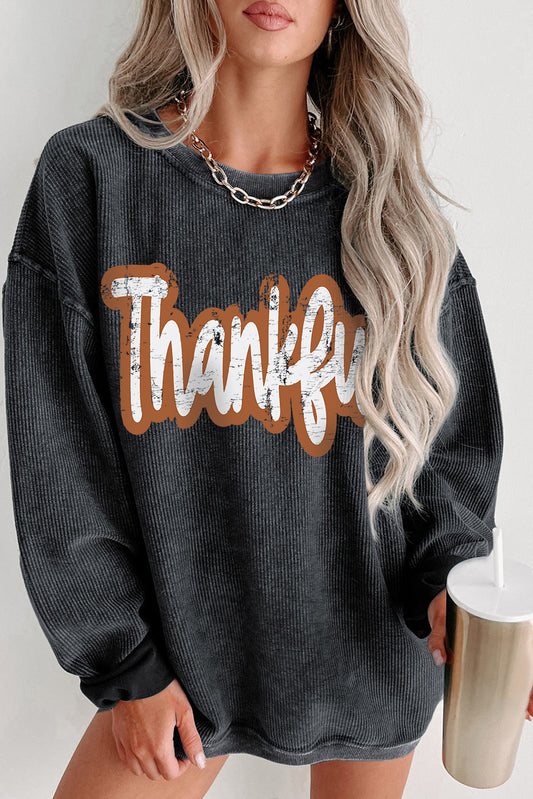 Black Thankful Printed Drop Shoulder Corded Thanksgiving Sweatshirt Black 100%Polyester Graphic Sweatshirts JT's Designer Fashion