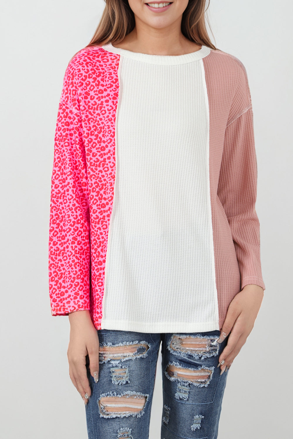 Pink Waffle Knit Exposed Seam Leopard Colorblock Print Top Long Sleeve Tops JT's Designer Fashion