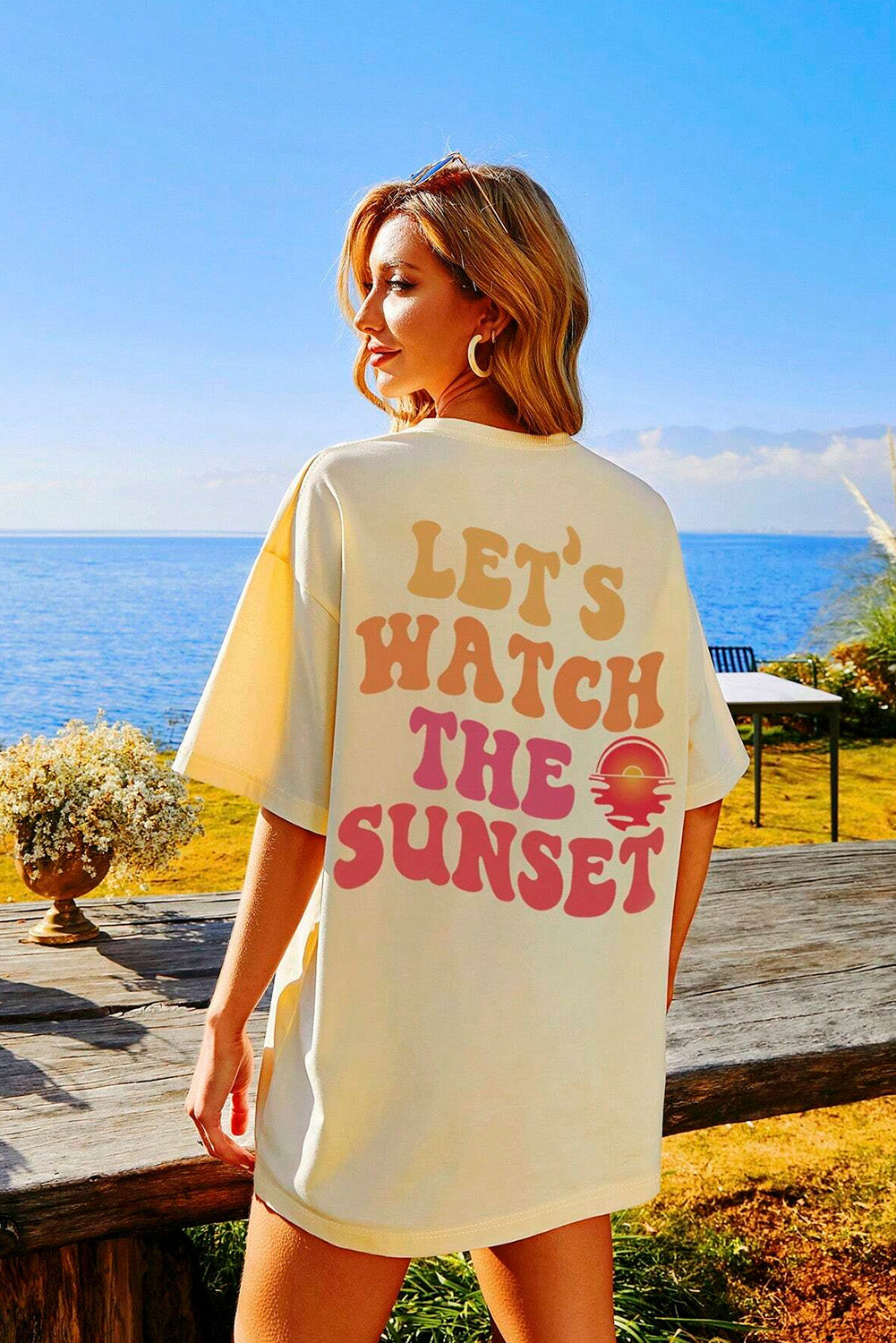 Yellow Cream Back LET'S WATCH THE SUNSET Print Half Sleeve Tee Tops & Tees JT's Designer Fashion