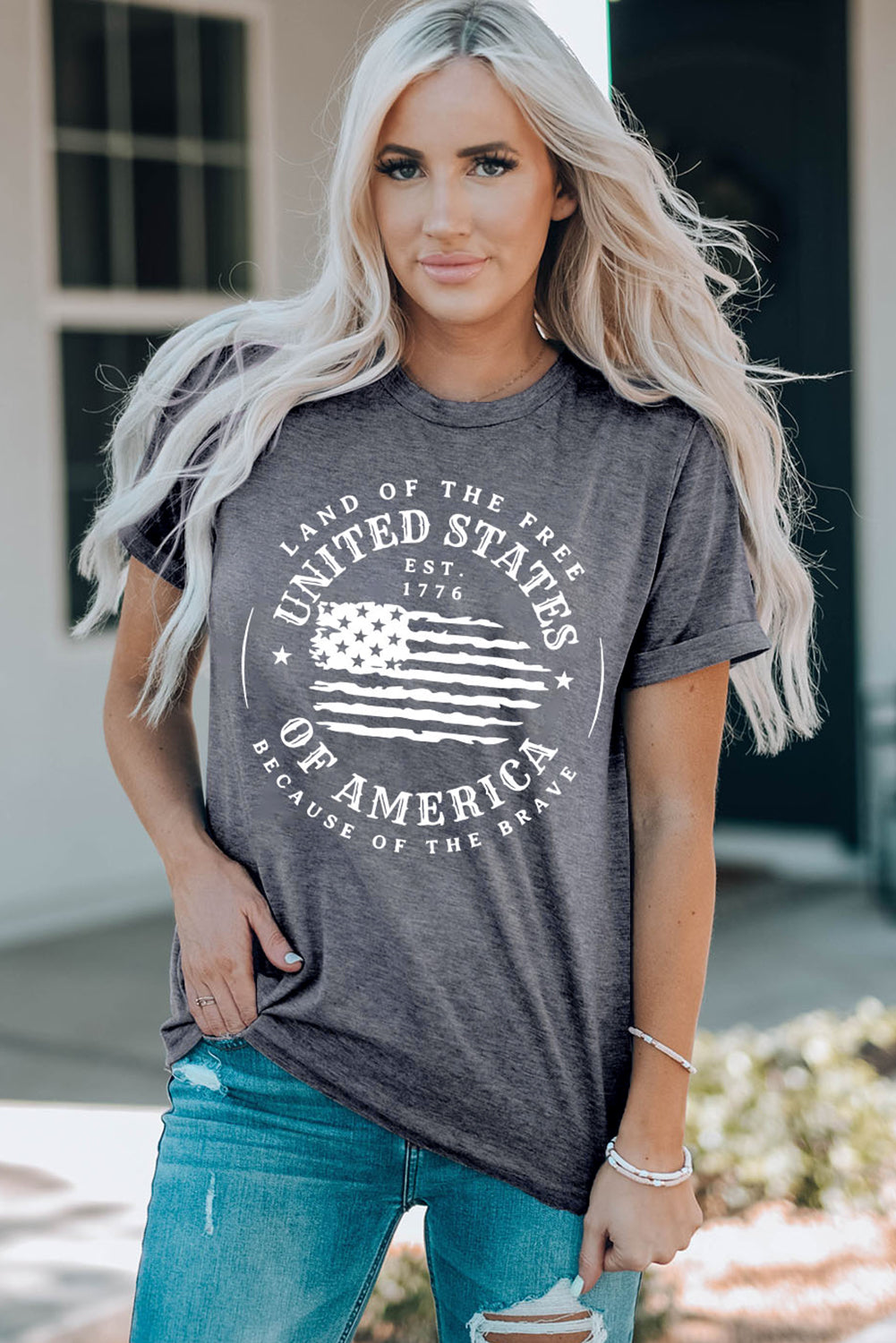 Gray United States Of America Flag Graphic Print T Shirt Graphic Tees JT's Designer Fashion