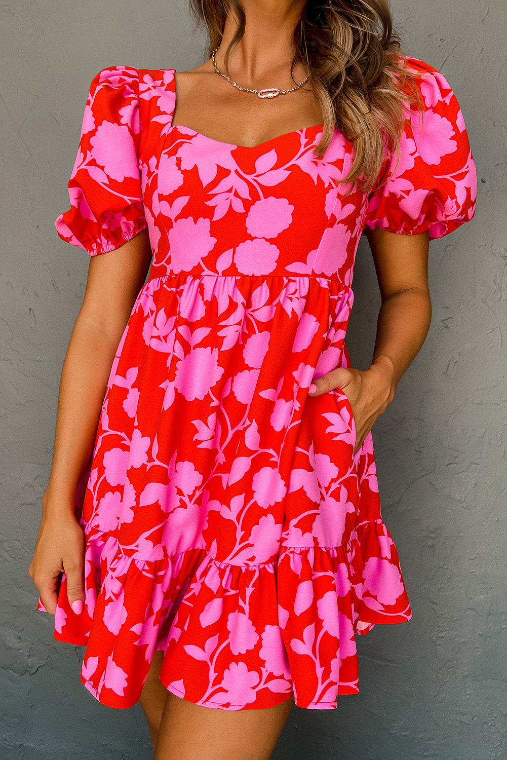 Red Floral Bubble Sleeve Sweetheart Neck Ruffled Mini Dress Floral Dresses JT's Designer Fashion