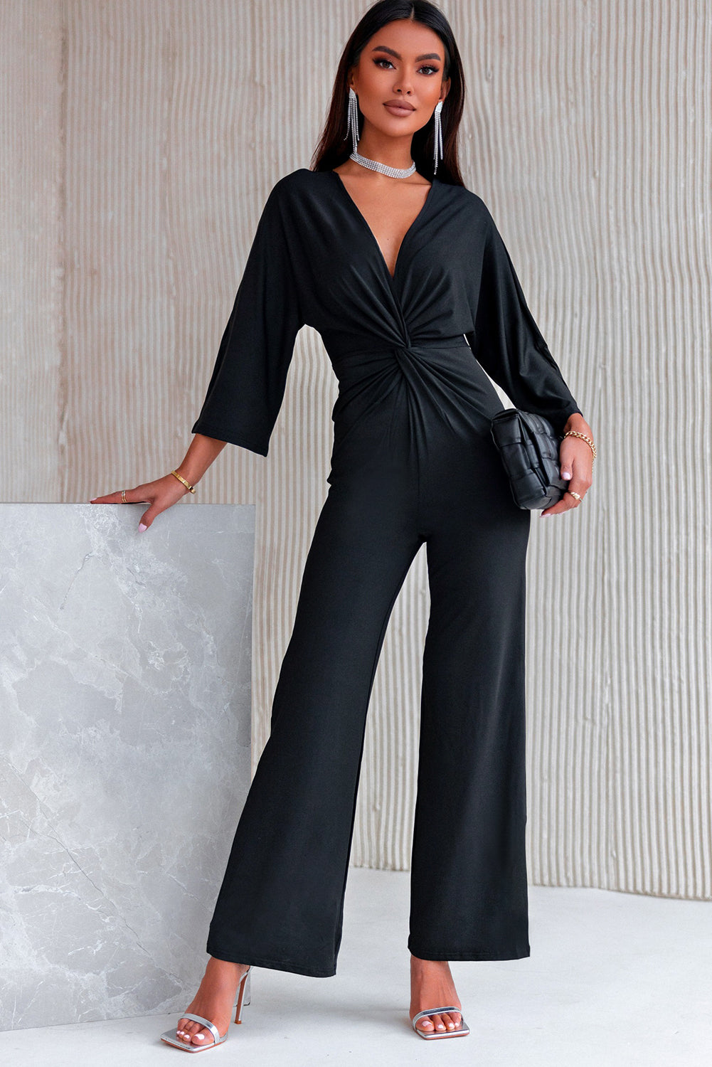 Black Deep V Neck Twisted Wide Leg Jumpsuit Jumpsuits & Rompers JT's Designer Fashion