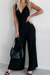 Black Sleeveless V Neck Twisted Front Flowy Wide Leg Jumpsuit Bottoms JT's Designer Fashion
