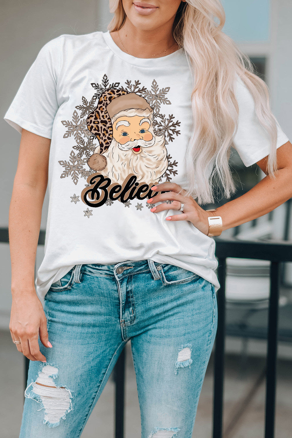 White Believe Santa Claus Snowflake Print Crew Neck T Shirt Graphic Tees JT's Designer Fashion