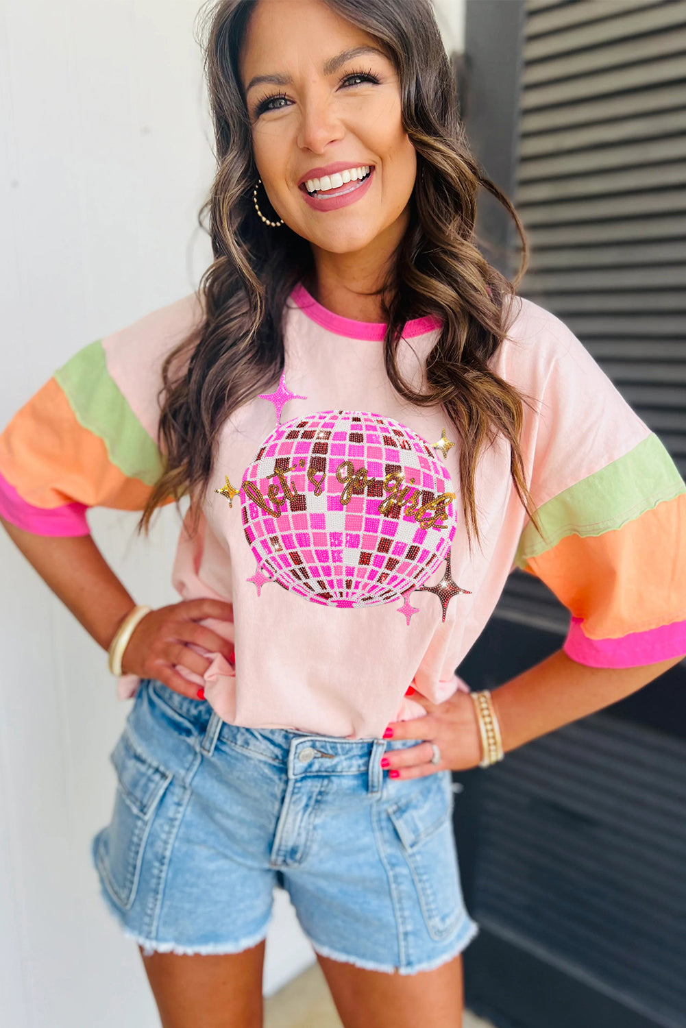 Pink Sequin Disco Ball Color Block Sleeve Graphic Tee Graphic Tees JT's Designer Fashion