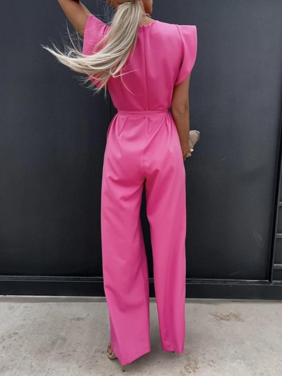 Ruffled Round Neck Cap Sleeve Jumpsuit Fuchsia Pink Jumpsuits & Rompers JT's Designer Fashion