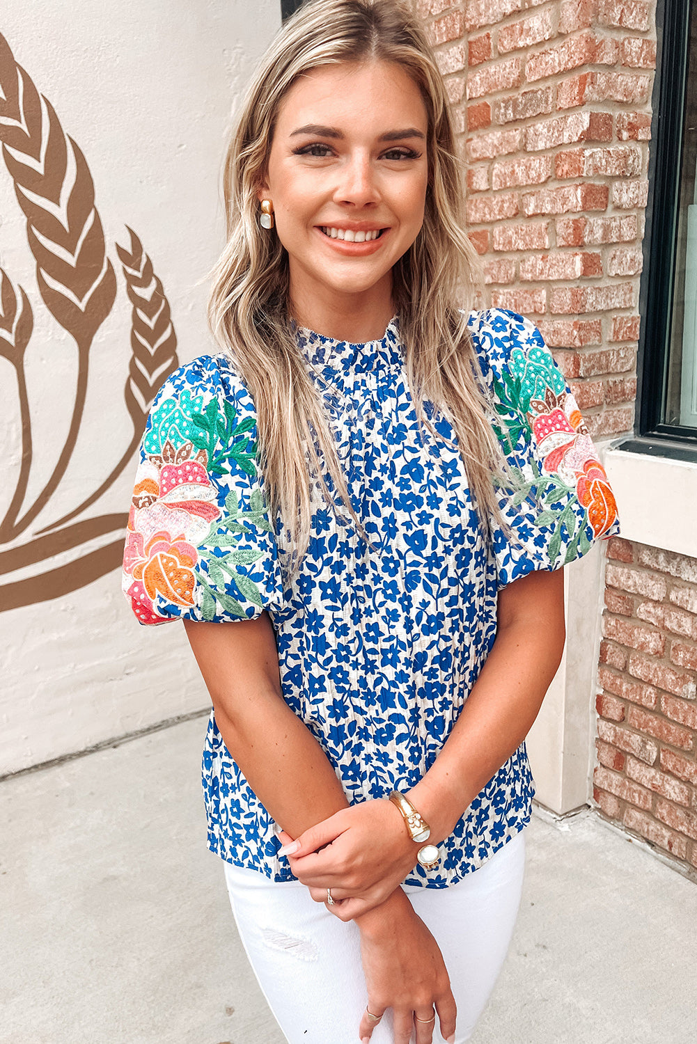 Sky Blue Floral Embroidered Bubble Sleeve Frilled Neck Blouse Blouses & Shirts JT's Designer Fashion