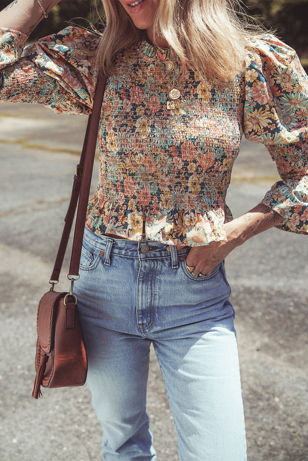 Yellow Floral Print Smocked Bubble Sleeve Ruffled Crop Top Blouses & Shirts JT's Designer Fashion