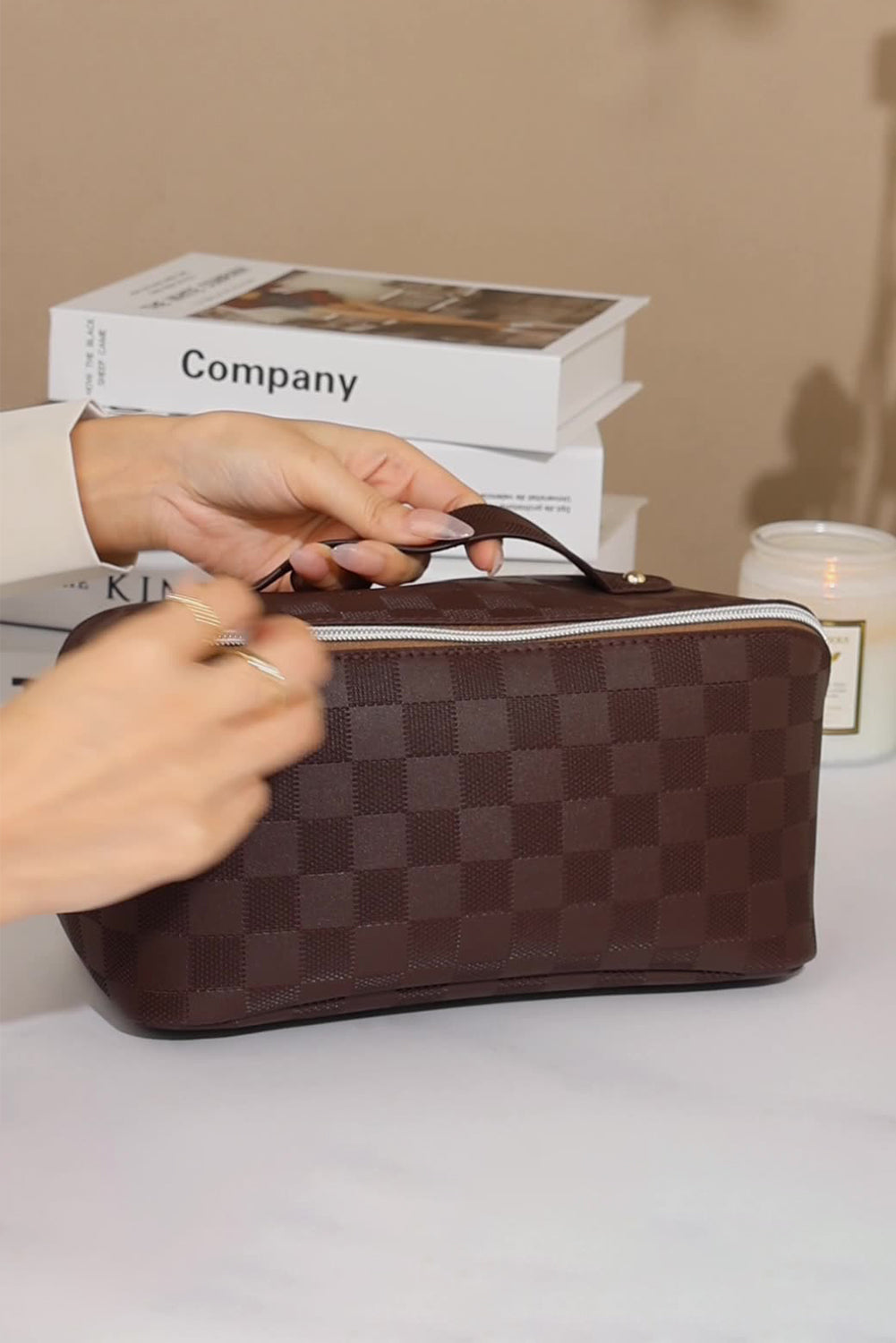 Chestnut Checkered Zipper Handle PU Leather Travel Makeup Bag Makeup Bags JT's Designer Fashion