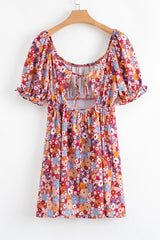 Red Floral Puff Sleeve Square Neck Knot Open Back Mini Dress Floral Dresses JT's Designer Fashion