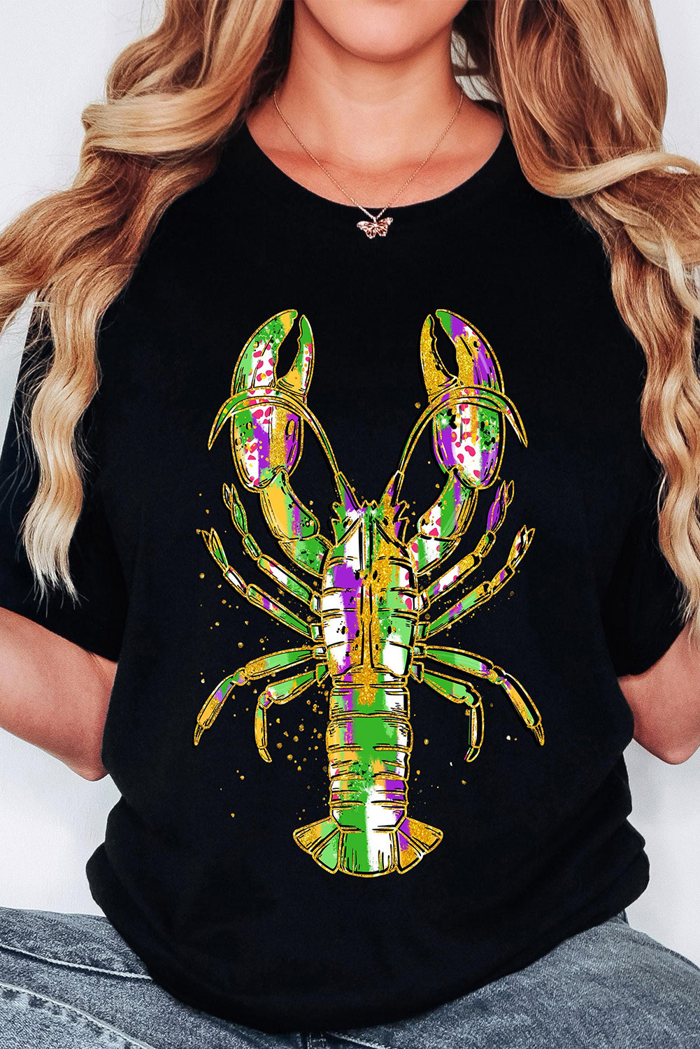 Black Mardi Gras Lobster Heat Transfer Graphic T Shirt Graphic Tees JT's Designer Fashion