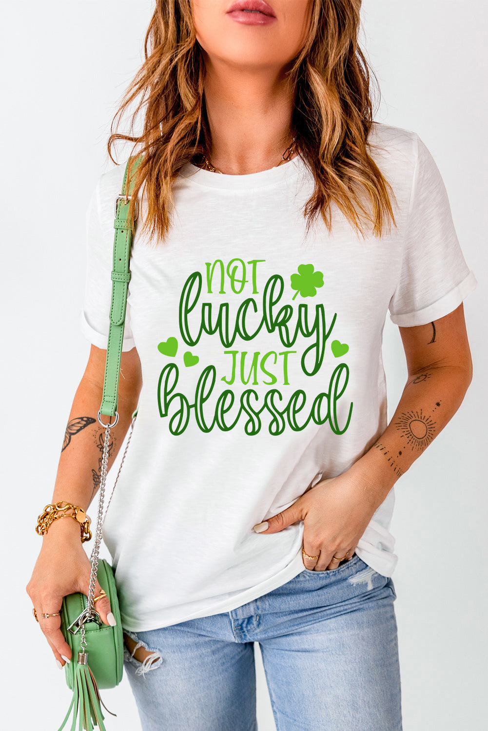 White St Patricks Not Luck Just Blessed Graphic T-shirt Graphic Tees JT's Designer Fashion