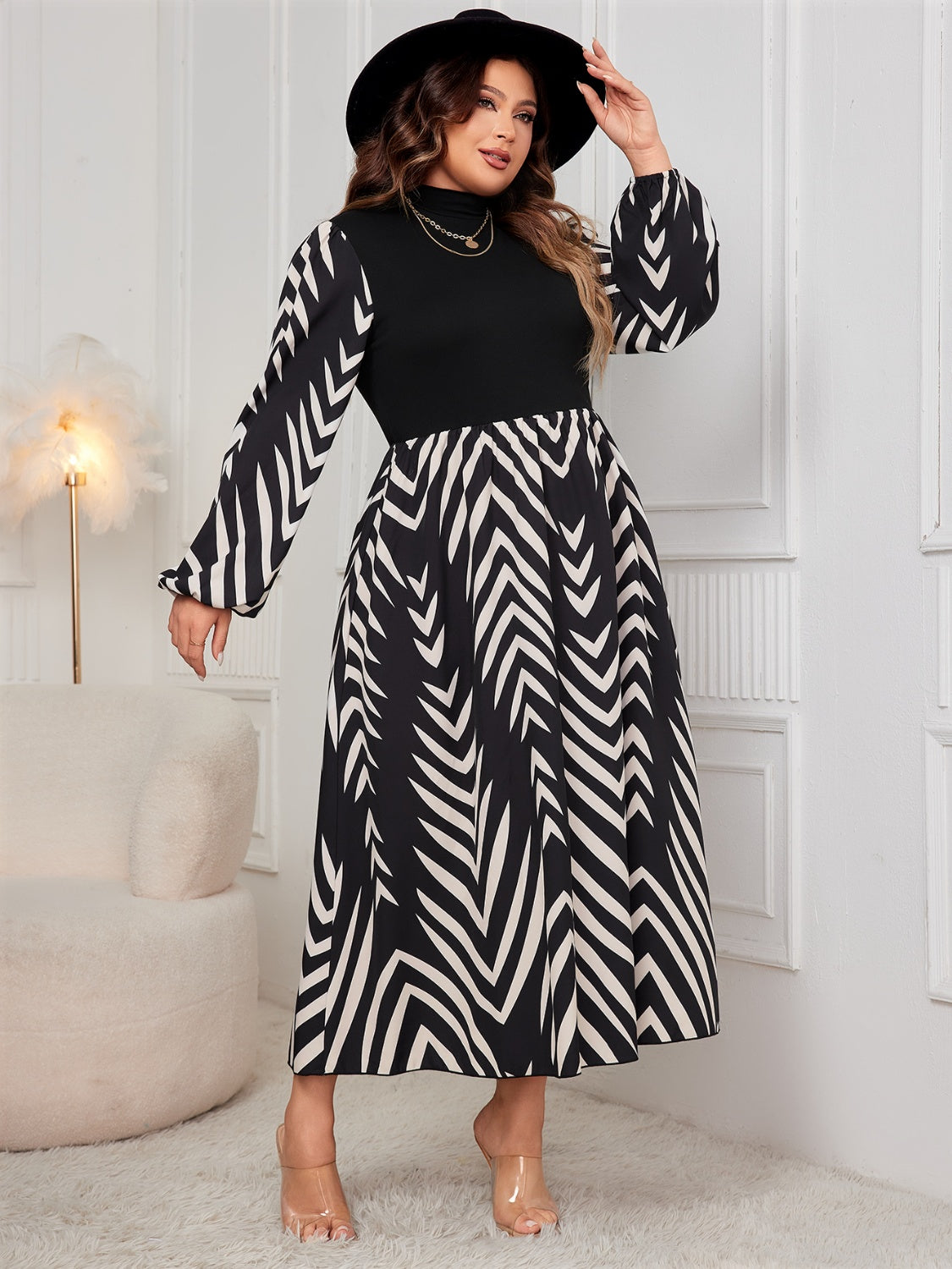 Plus Size Printed Mock Neck Long Sleeve Midi Dress Maxi Dresses JT's Designer Fashion