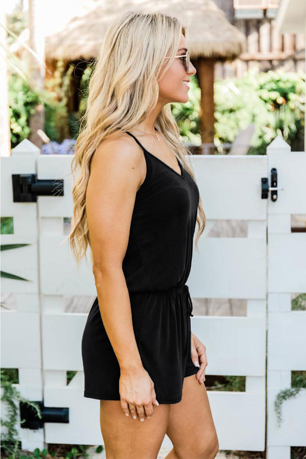 Black Spaghetti Straps V Neck Crisscross Back Romper Jumpsuits & Rompers JT's Designer Fashion