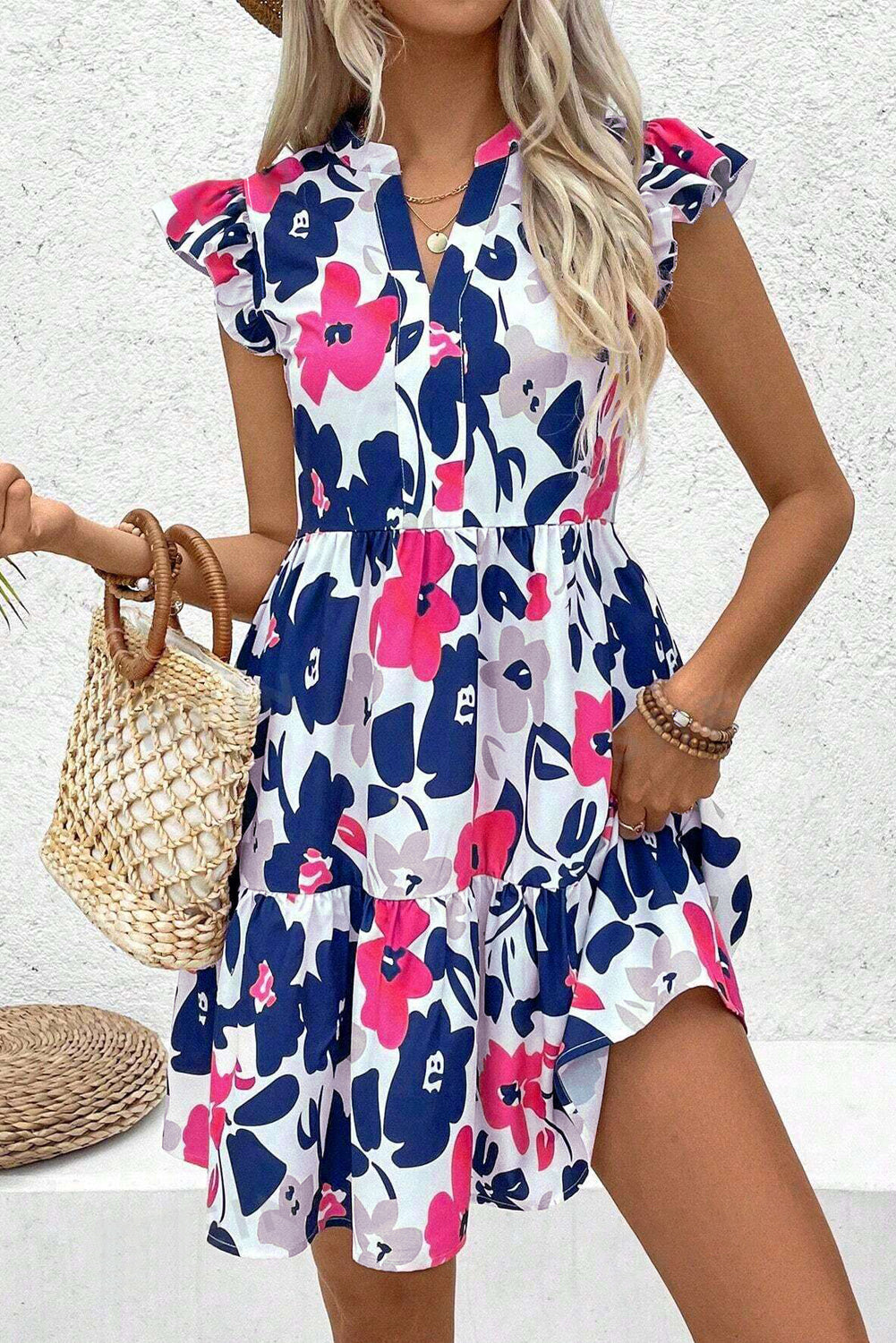 Fashion Floral Print Notched Neck Flutter Sleeve Mini Dress Floral Dresses JT's Designer Fashion