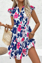 Fashion Floral Print Notched Neck Flutter Sleeve Mini Dress Floral Dresses JT's Designer Fashion