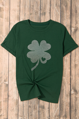 Green Rhinestone Four Leaf Clover Graphic St Patrick Crewneck Tee Graphic Tees JT's Designer Fashion