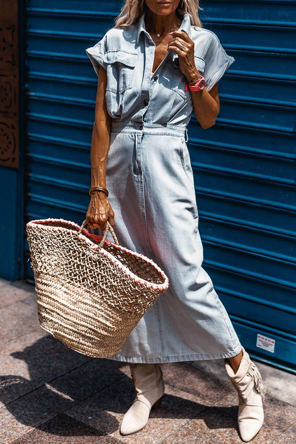 Beau Blue Short Batwing Sleeve Slit Back Denim Dress Maxi Dresses JT's Designer Fashion