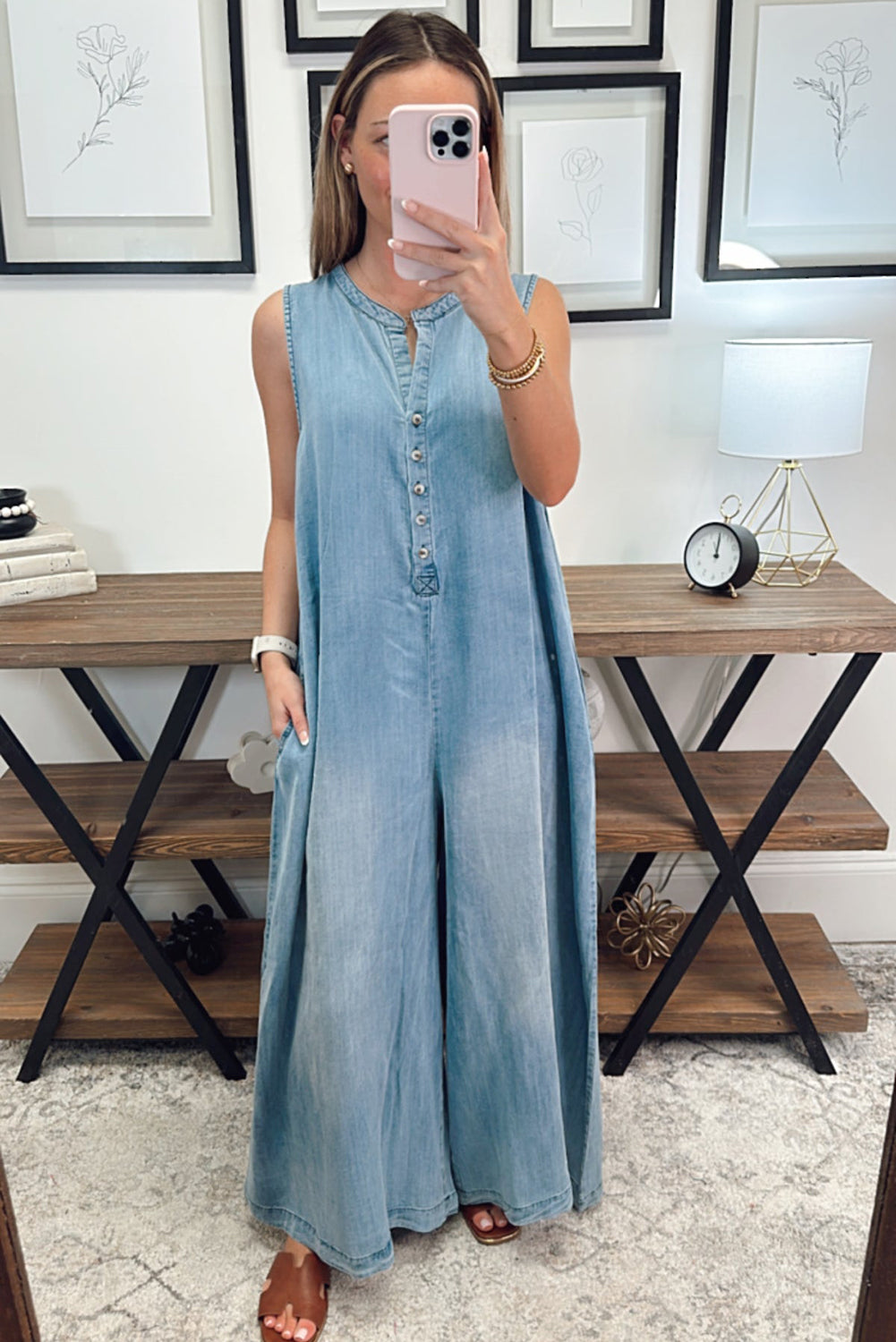 Beau Blue Sleeveless Buttoned Super Loose Leg Denim Jumpsuit Pre Order Bottoms JT's Designer Fashion