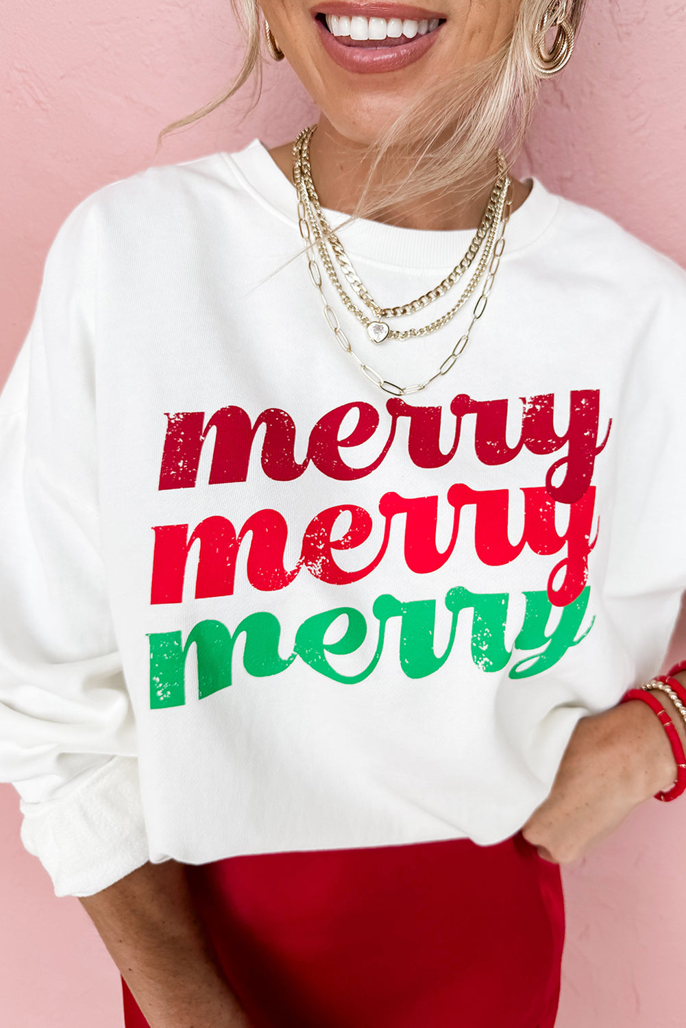 Beige merry merry merry Printed Christmas Sweatshirt Beige 50%Polyester+50%Cotton Graphic Sweatshirts JT's Designer Fashion