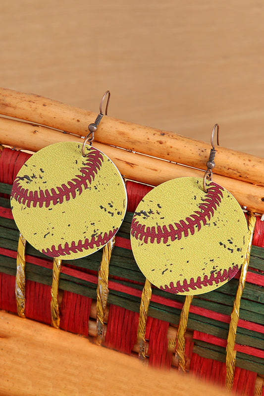 Yellow Baseball Print Faux Leather Drop Earrings Jewelry JT's Designer Fashion