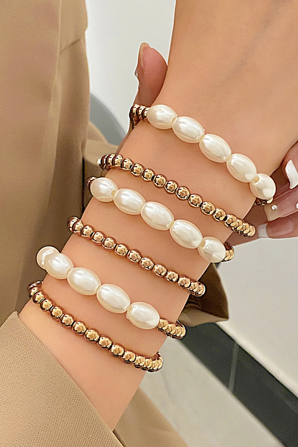 Gold Plated Pearl Beaded 6 Pcs Bracelet Set Jewelry JT's Designer Fashion