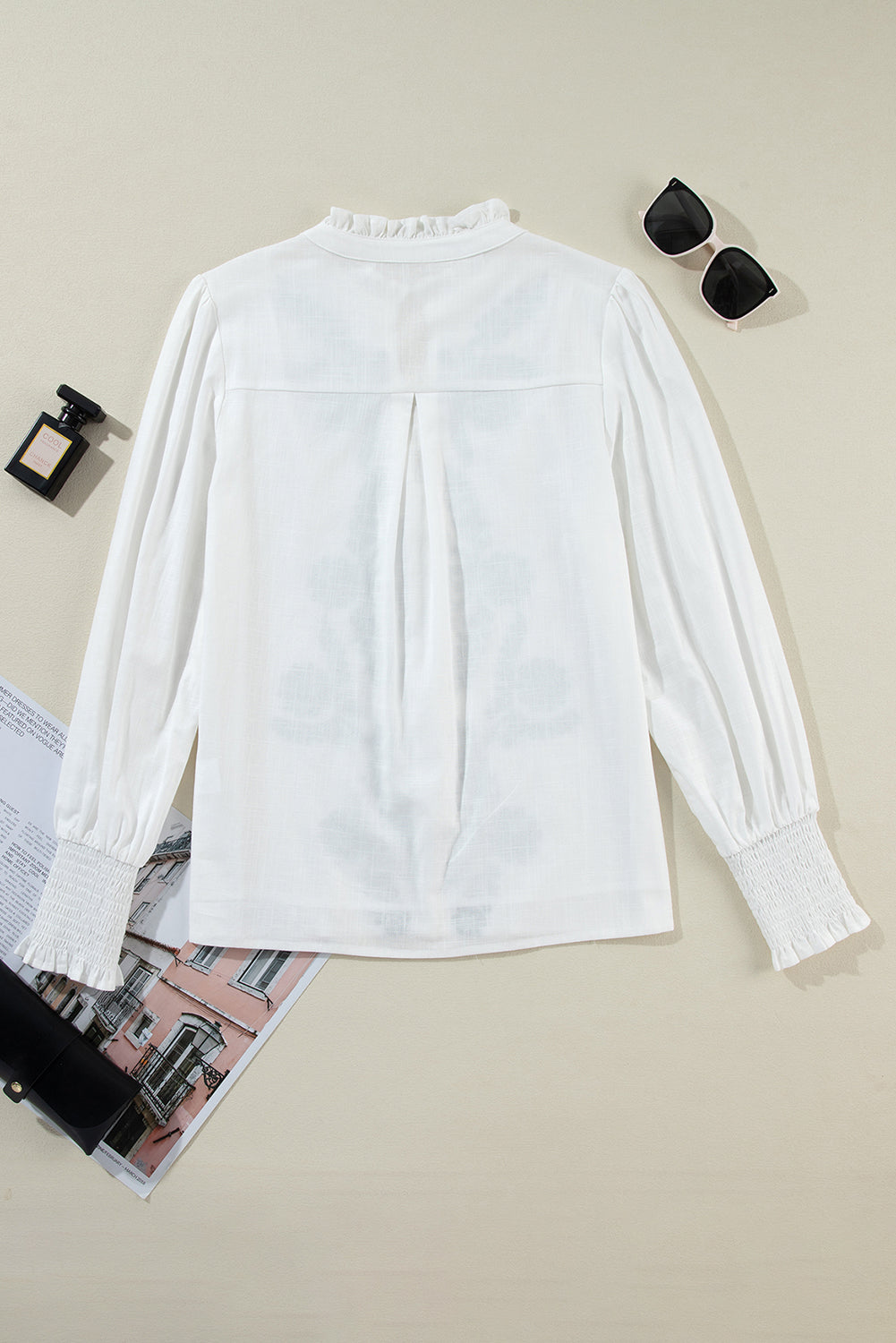 White Floral Embroidered Shirred Sleeve Elegant Shirt Blouses & Shirts JT's Designer Fashion