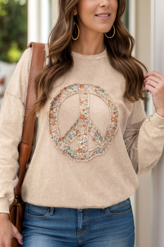 Plus Size Peace Sign Long Sleeve Sweatshirt Tan Long Sleeve Tops JT's Designer Fashion