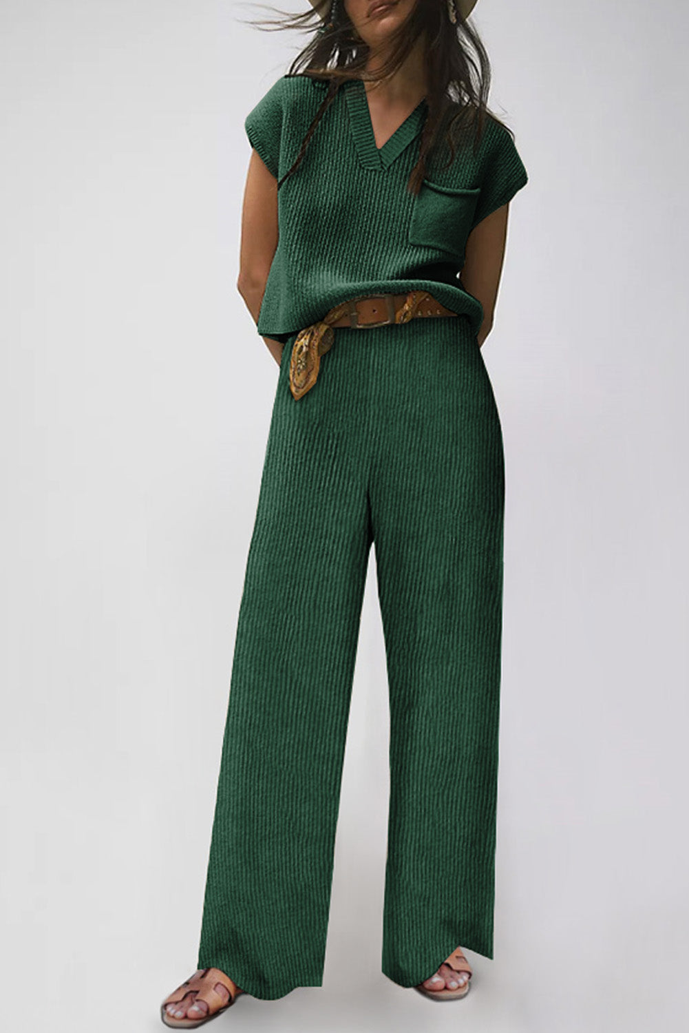 Green Knitted V Neck Sweater and Casual Pants Set Pant Sets JT's Designer Fashion