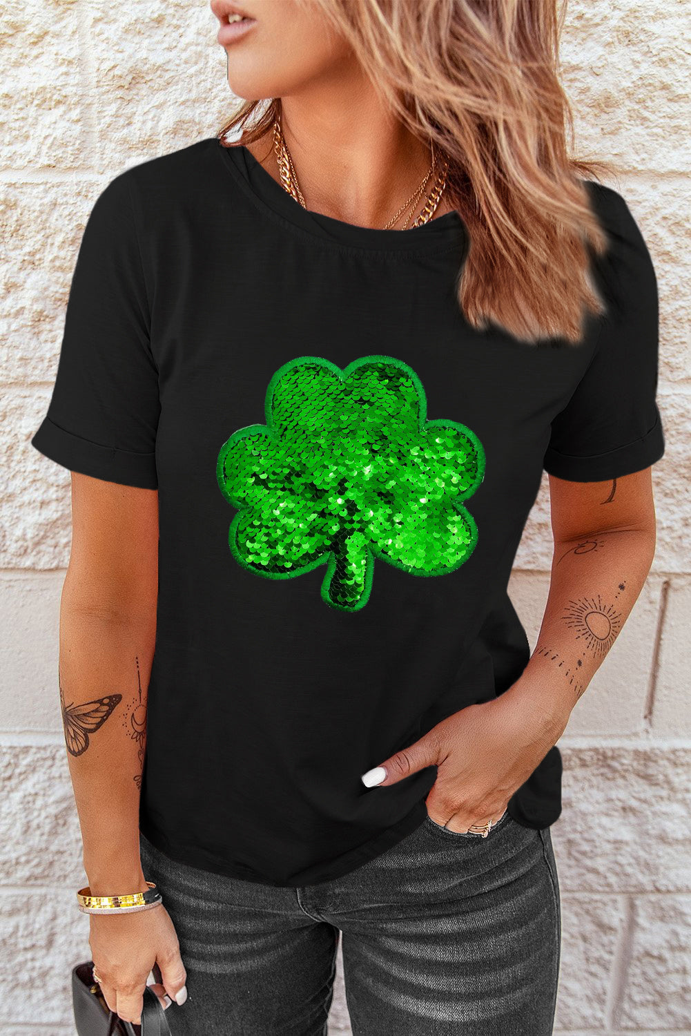 Black Sequin Clover Embroidered Round Neck Graphic Tee Graphic Tees JT's Designer Fashion