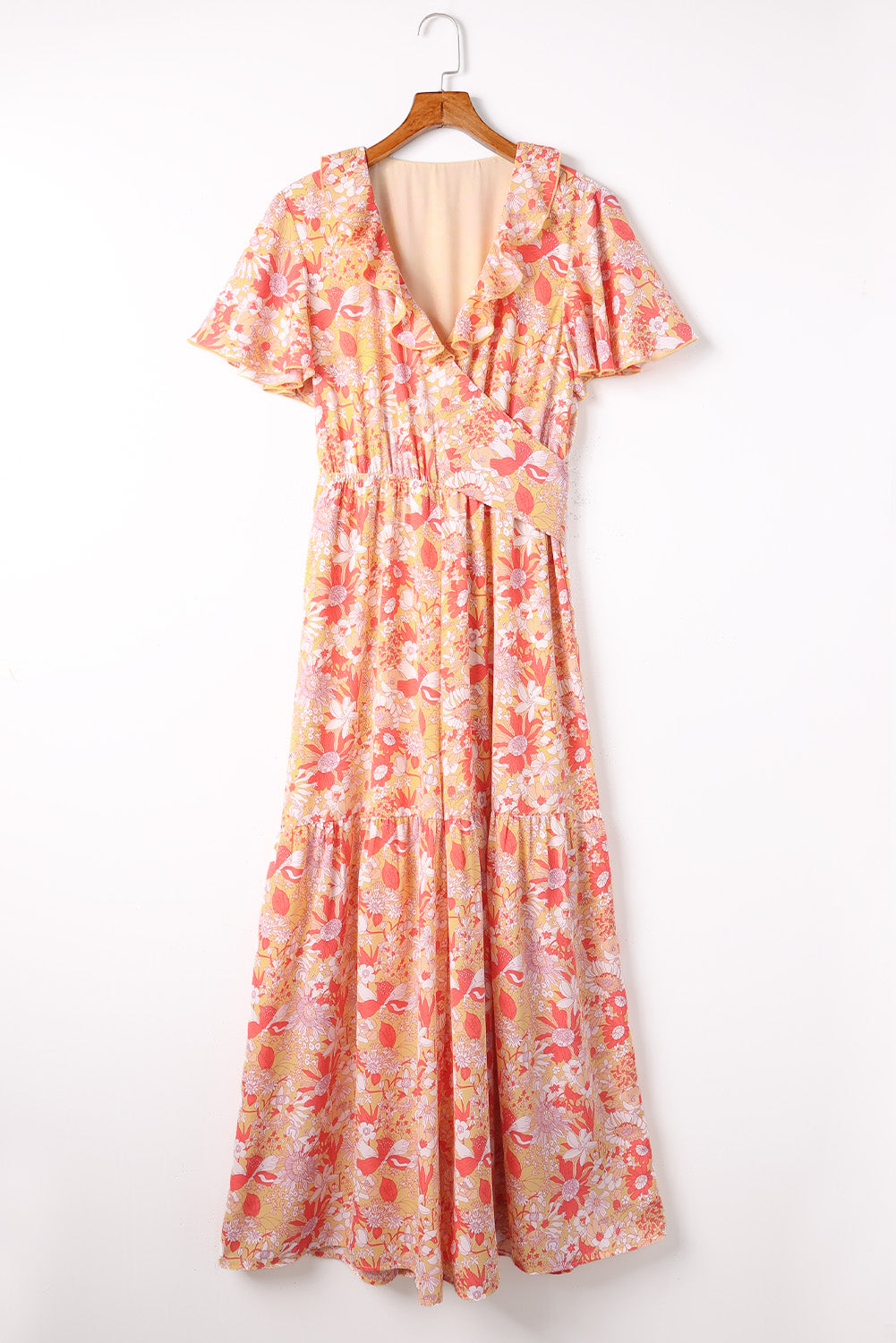 Orange Floral Print Ruffled V Neck High Waist Jumpsuit Jumpsuits & Rompers JT's Designer Fashion