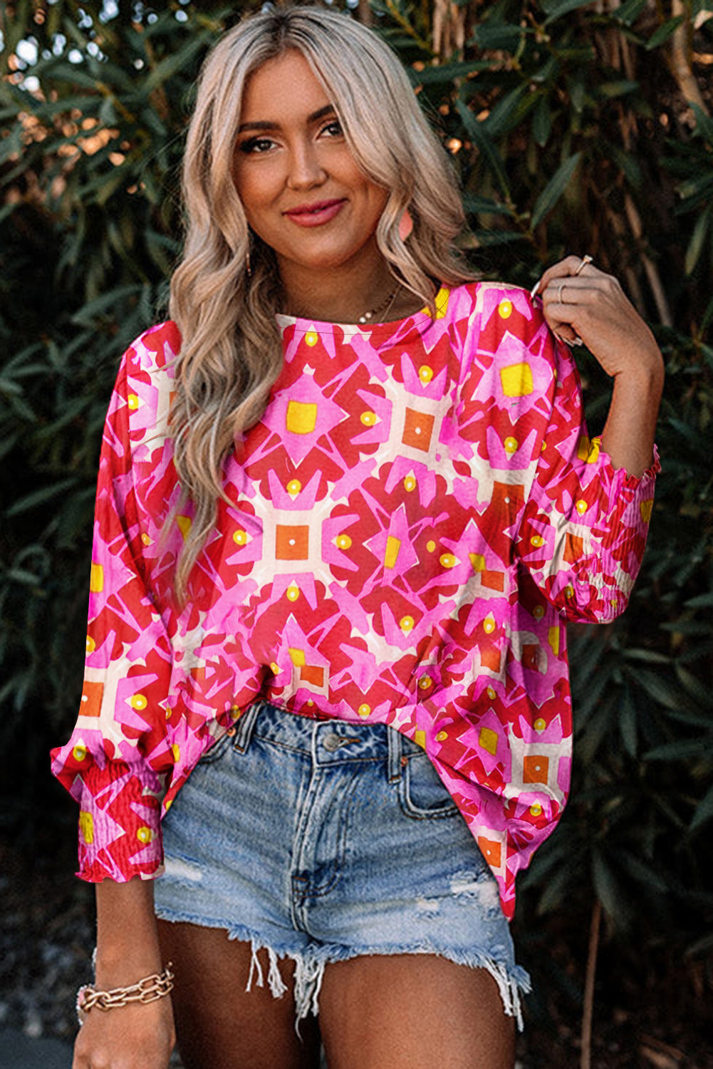 Strawberry Pink Geometric Print Shirred Cuff 3/4 Sleeve Loose Blouse Blouses & Shirts JT's Designer Fashion