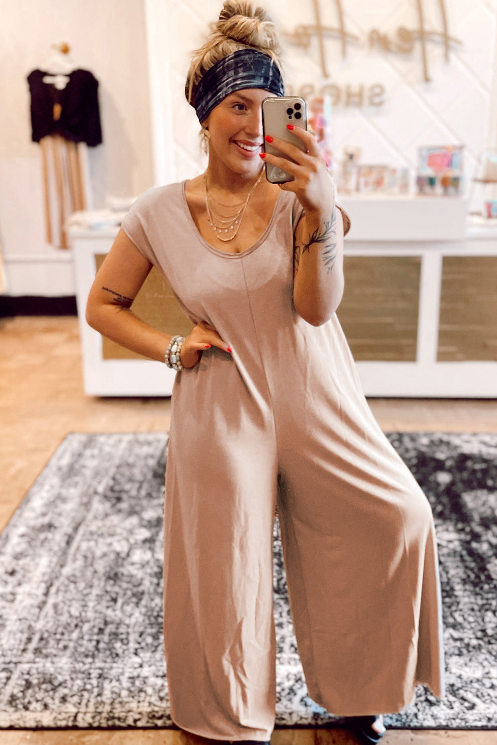 Light French Beige Cap Sleeve Round Neck Curvy Wide Leg Jumpsuit Plus Size JT's Designer Fashion